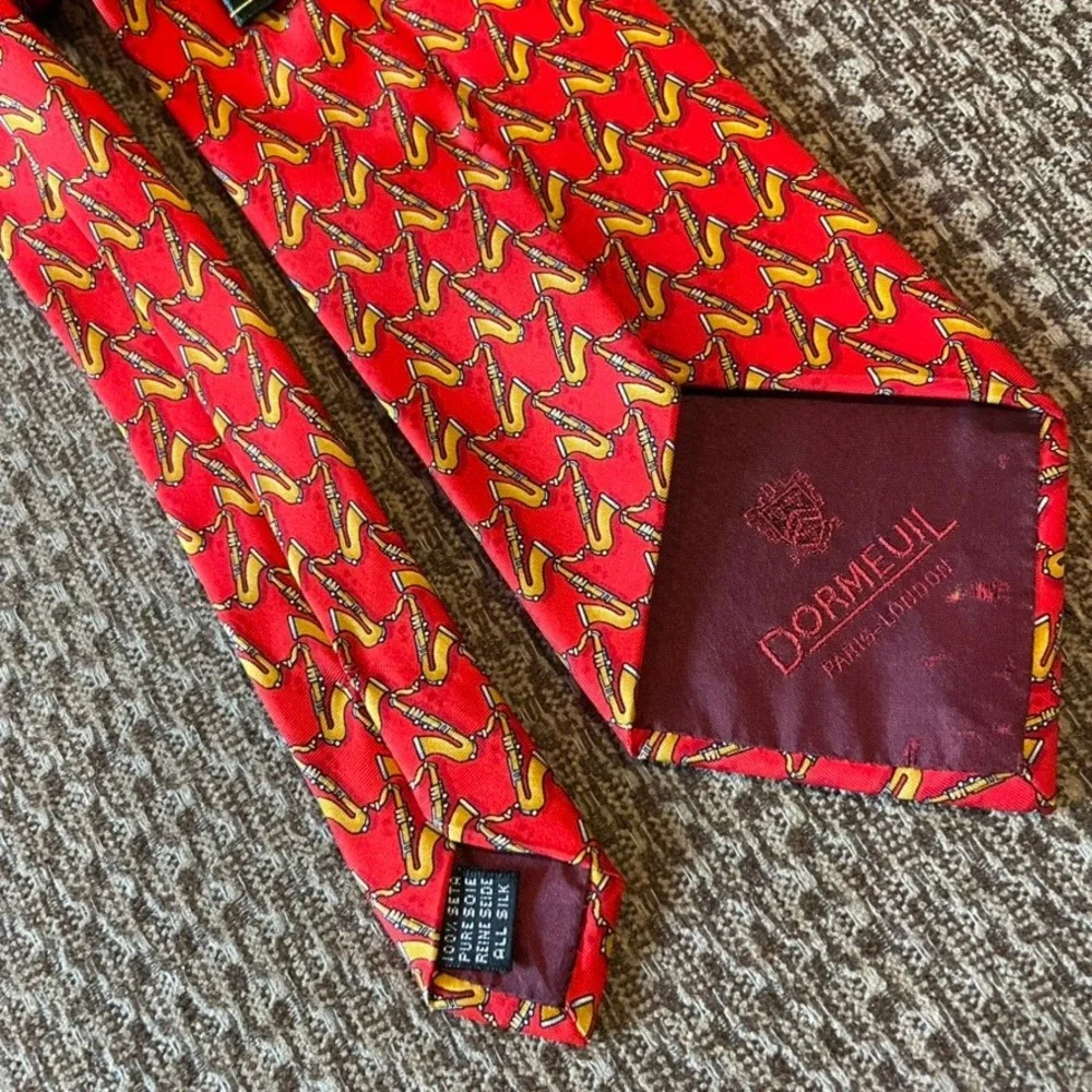 Dormeuil Silk‎ Tie Red Saxophone Pattern Hand Musician Italy Men's Neckwear